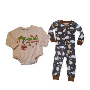 Baby 12M Christmas One Piece Set Bundle Polar Bear Pijama & The Grinch Bodysuit